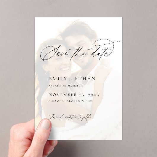 Vellumオエレガントーバーレイ写真結婚式の日付を保存 アクリル招待状 (インサイチュ (ポータブル))