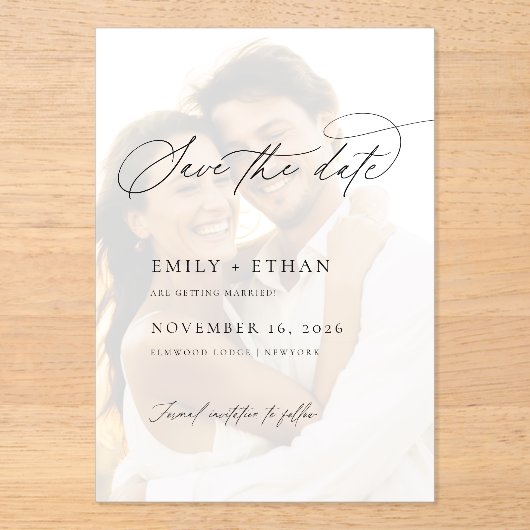 Vellumオエレガントーバーレイ写真結婚式の日付を保存 アクリル招待状 (正面)