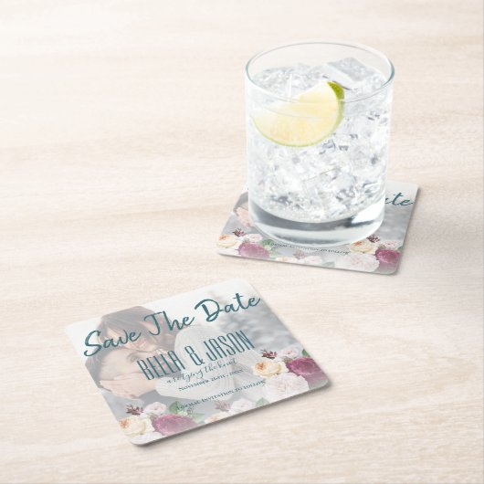 Vellumフェイクフローラ写真結婚の結び目 スクエアペーパーコースター (インサイチュ)