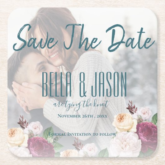 Vellumフェイクフローラ写真結婚の結び目 スクエアペーパーコースター (正面)