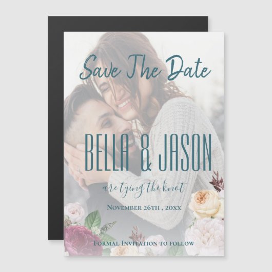 Vellumフェイクフローラ写真結婚式の日付を保存 マグネット招待状 (正面/裏面)