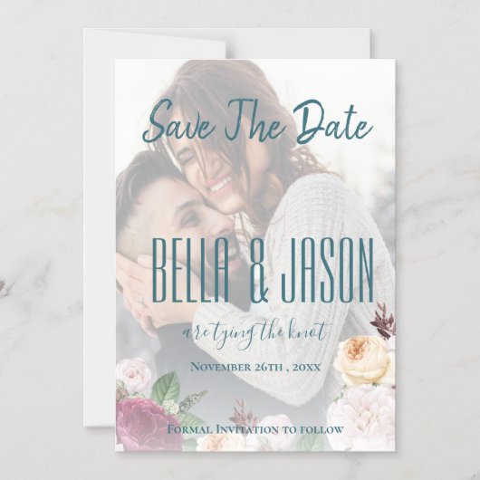 Vellumフェイクフローラ写真結婚式の日付を保存 マグネット招待状 (正面)