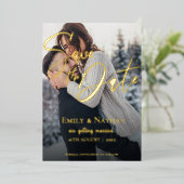 Vellumフェイク写真数々の結婚式の日付を保存 箔招待状 (立ち正面)