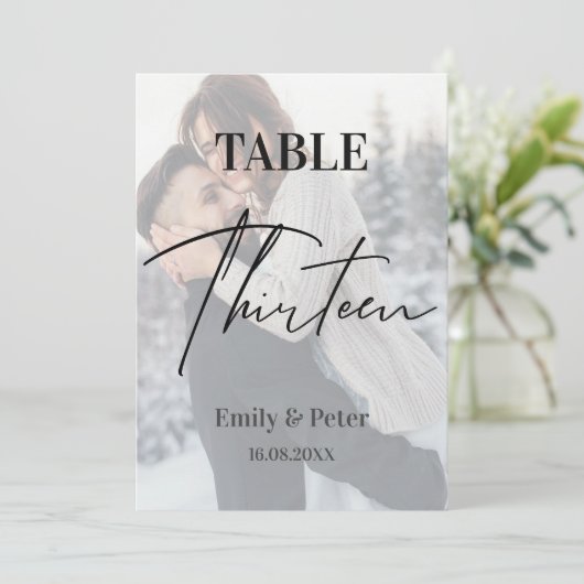 Vellumフェイク写真結婚の13テーブル番号 サンキューカード (スタンド正面)