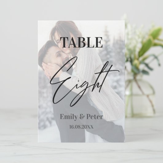 Vellumフェイク写真結婚の8つの表の番号 サンキューカード (スタンド正面)
