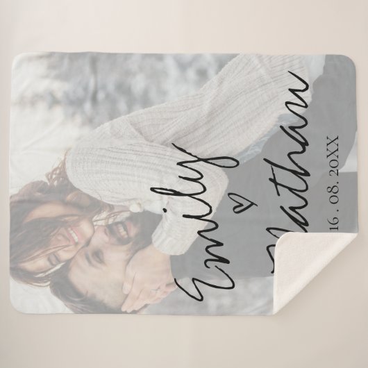 Vellumフェイク効果写真結婚の日付カスタム シェルパブランケット (正面(横))
