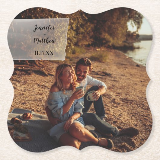 Vellumフォトオフェイクーバーレイカスタムウェディング ペーパーコースター (正面)