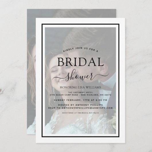 Vellumブラックスクリプトフォトオーバーレイブライダルシャワー 招待状 (正面/裏面)