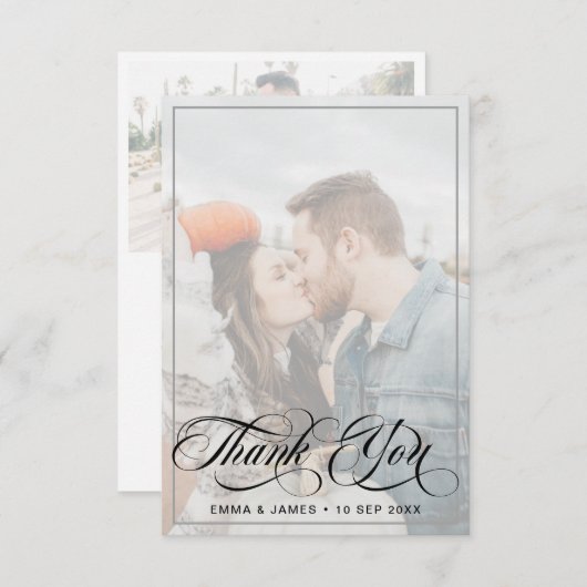 Vellumモダンの草書体結婚の写真 サンキューカード (正面/裏面)