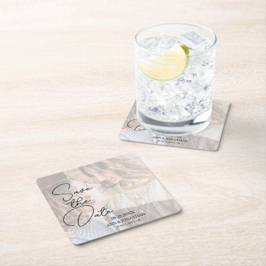 Vellumモダン写真フェイク結婚式の日付を保存 スクエアペーパーコースター (インサイチュ)