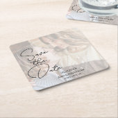 Vellumモダン写真フェイク結婚式の日付を保存 スクエアペーパーコースター (アングル)