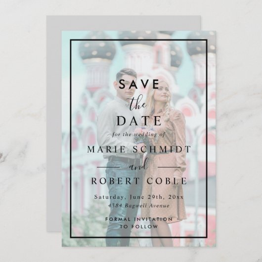 Vellum効果フェイク写真の結婚式の日付を保存 招待状 (正面/裏面)