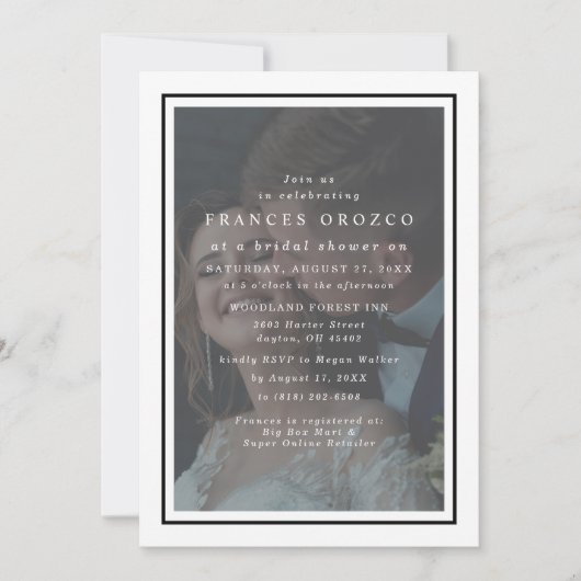 Vellum白と黒のフレームの写真ブライダルシャワー 招待状 (正面)