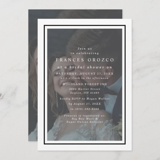 Vellum白と黒のフレームの写真ブライダルシャワー 招待状 (正面/裏面)