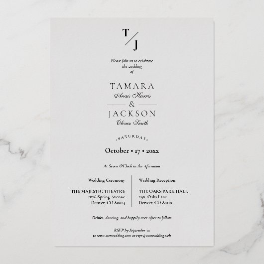 Vellum Transparency Effect写真結婚のイニシャル 箔招待状 (裏面)