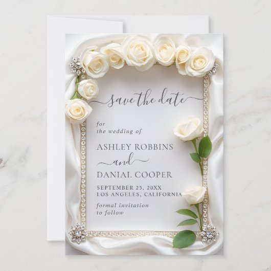 Velvet白エレガントいバラは日付を保存 招待状 (正面)