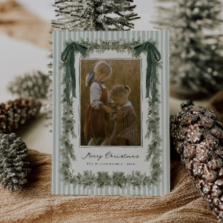 Velvet Bow and Stripes Christmas Photo Card Green シーズンカード
