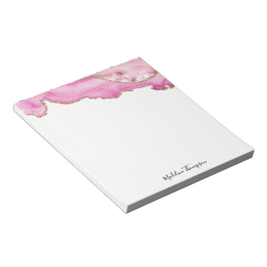 Velvet Pink Gold Agate Geode Script Typography ノートパッド (アングル)