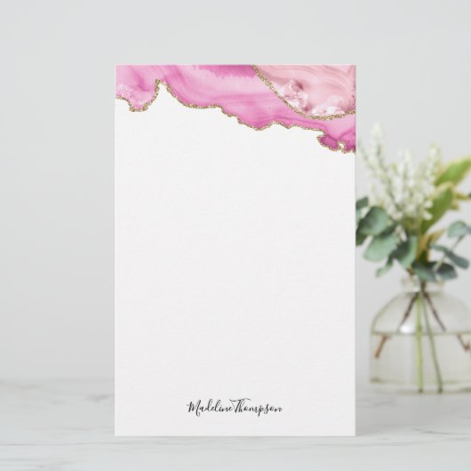 Velvet Pink Gold Agate Geode Script Typography 便箋 (スタンド正面)