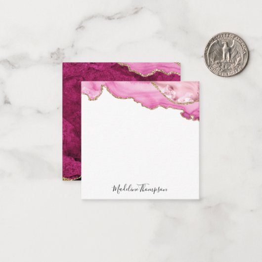 Velvet Pink Magenta Gold Agate Geode Script Square ノートカード (正面/裏面インサイチュ)