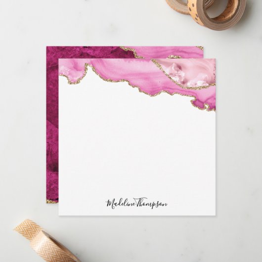 Velvet Pink Magenta Gold Agate Geode Script Square ノートカード (正面/裏面インサイチュ)