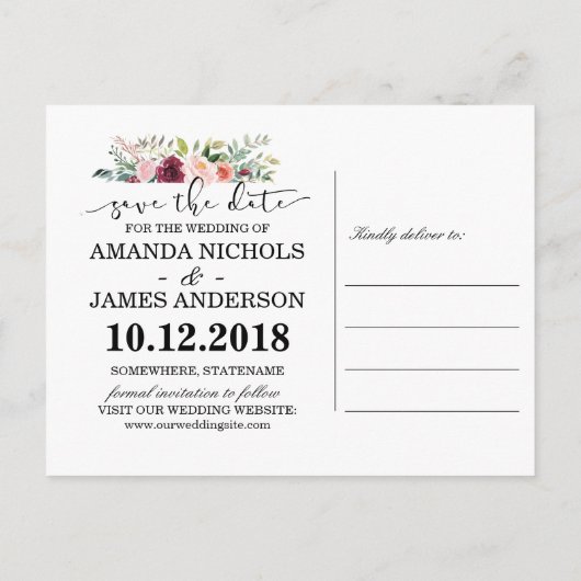 VELVETY モダン BURGUNDY PHOTO SAVE THE DATE 案内ポストカード (裏面)