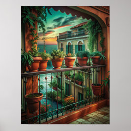 Venetian Balcony Sunset Canal View Art ポスター