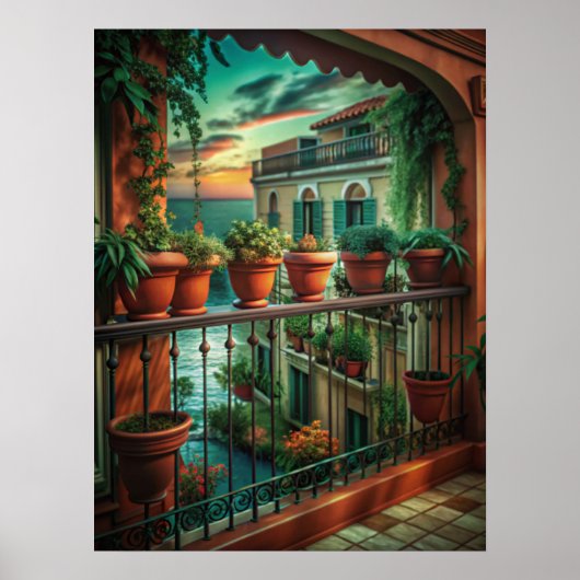 Venetian Balcony Sunset Canal View Art ポスター (正面)
