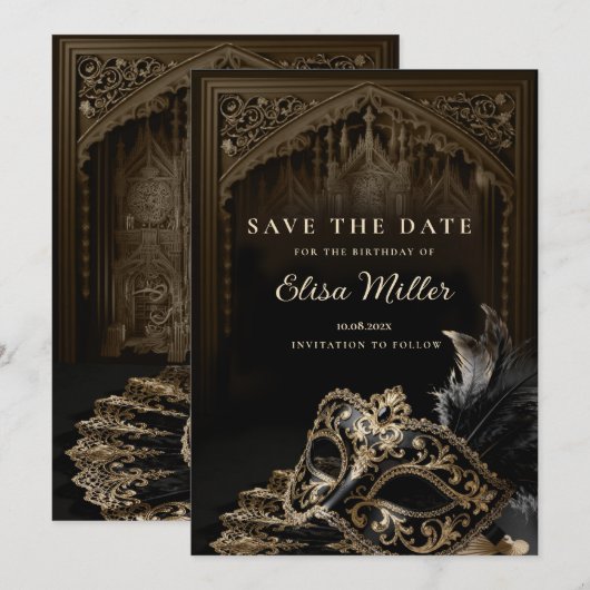 Venetian Gothic Masquerade Party Save the Date 招待状 (正面/裏面)