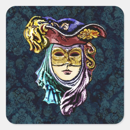 Venetian Mask on Dark Damask Background スクエアシール (正面)