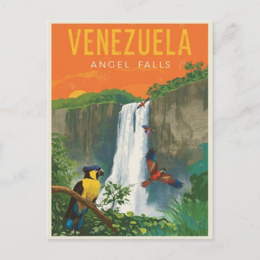 Venezuela Angel Falls Retro Travel Art ポストカード (正面)