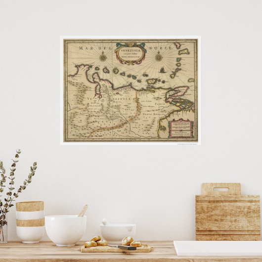 Venezuela by Hondius Map - 1630 ポスター (キッチン)