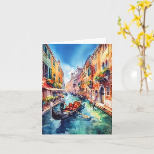 Venice Canals Italy Watercolor カード (黄色い花)