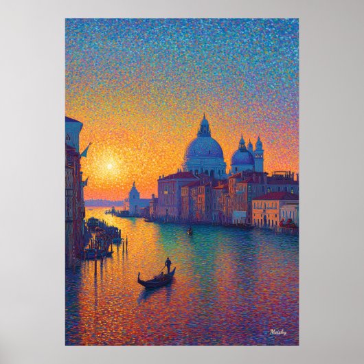 Venice Grand Canal Pointillism Sunset Art ポスター (正面)