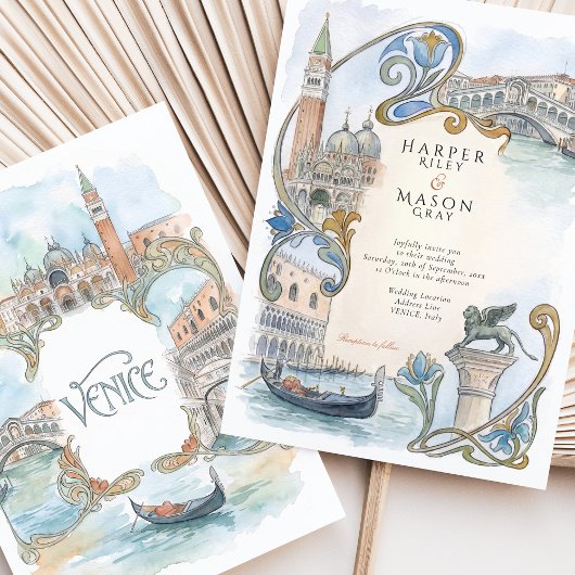 Venice Italy Watercolor Landmarks Wedding 招待状
