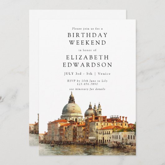 Venice Skyline Watercolor Birthday Weekend 招待状 (正面/裏面)