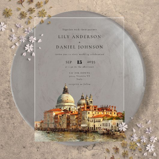 Venice Skyline Watercolor Destination Wedding アクリル招待状
