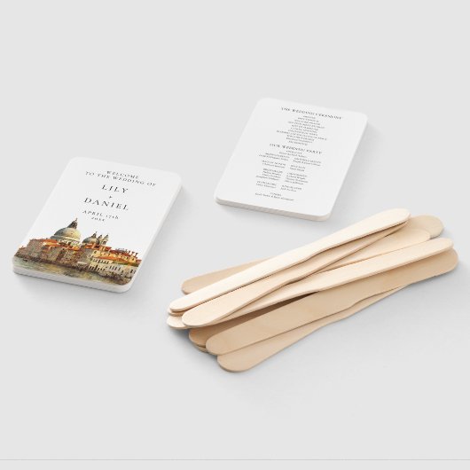 Venice Skyline Watercolor Wedding Program ハンドファン (組立なし)