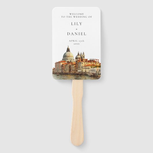 Venice Skyline Watercolor Wedding Program ハンドファン (正面)