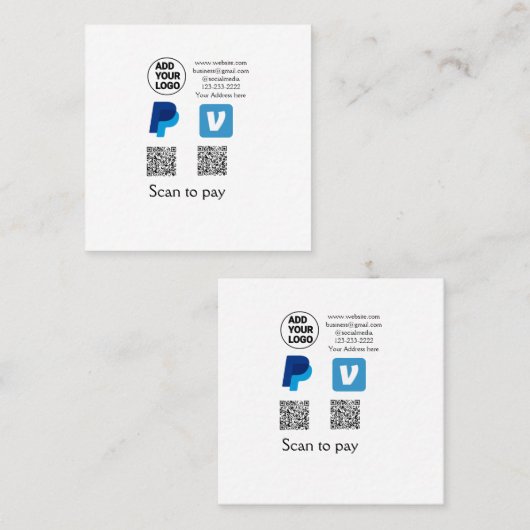 Venmo paypalスキャンを支払う追加q rコードロゴ文字na スクエア名刺 (正面/裏面)
