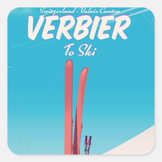 Verbier, スイス ヴィンテージ スキー 旅行 ポスター スクエアシール (正面)