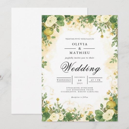 Verdant Blossom Frame Wedding 招待状 (正面/裏面)
