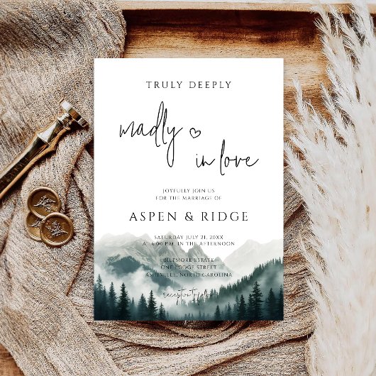 Verdant Peaks Misty Forest Watercolor Wedding  招待状