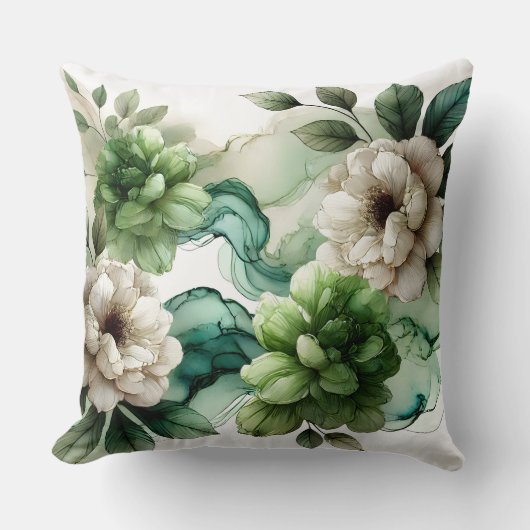 「Verdant Serenity:抽象芸術グリーンフローラアート」 クッション (正面)