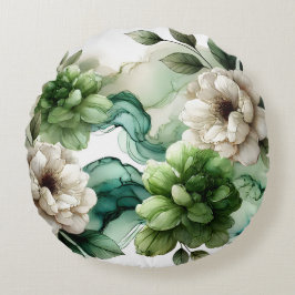 「Verdant Serenity:抽象芸術グリーンフローラアート」 ラウンドクッション