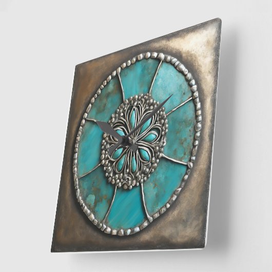 Verdigris Patina Metal スクエア壁時計 (傾斜)