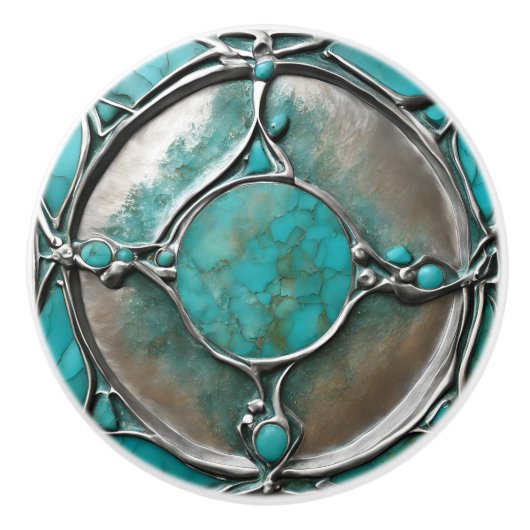 Verdigris Turquoise & Silver Art Deco  セラミックノブ (正面)