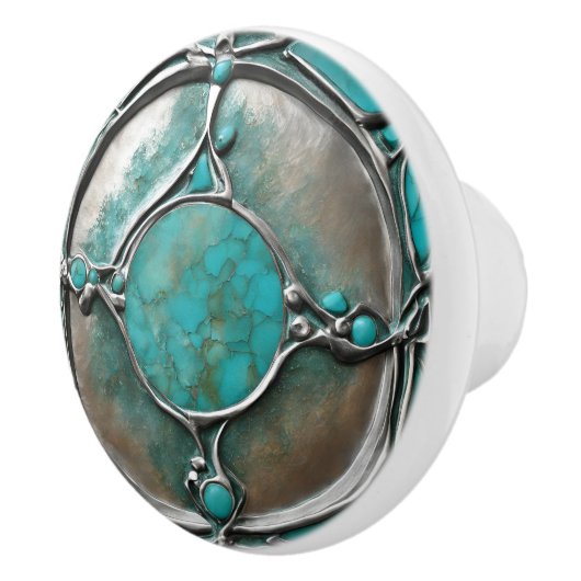 Verdigris Turquoise & Silver Art Deco  セラミックノブ (右)