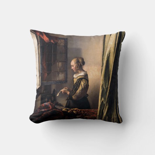Vermeer著開いているウィンドウの女の子の読書手紙 クッション (正面)