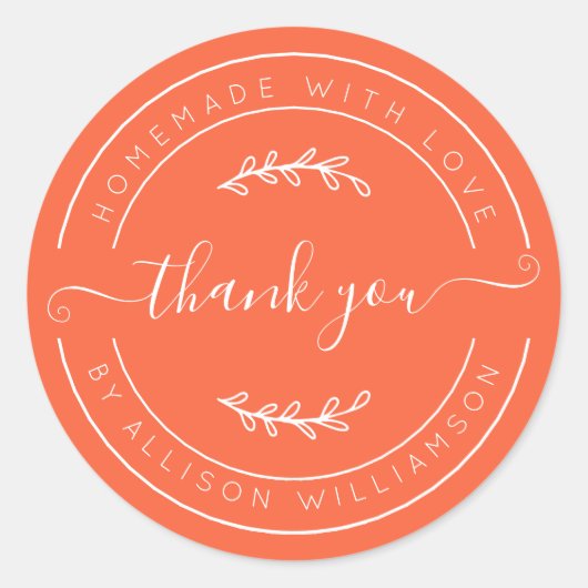 Vermillion Orange Homemade Thank You Label ラウンドシール (正面)